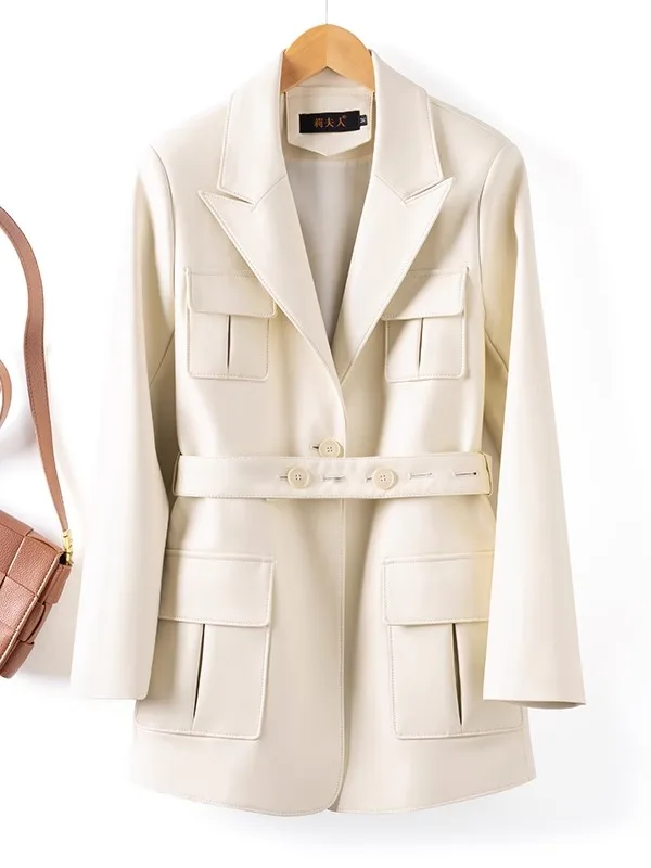 海寧本革コート レディース ミドル丈 2025年春新作 エイプスキン ウィンドブレーカー ウエストシェイプ レトロレザージャケット