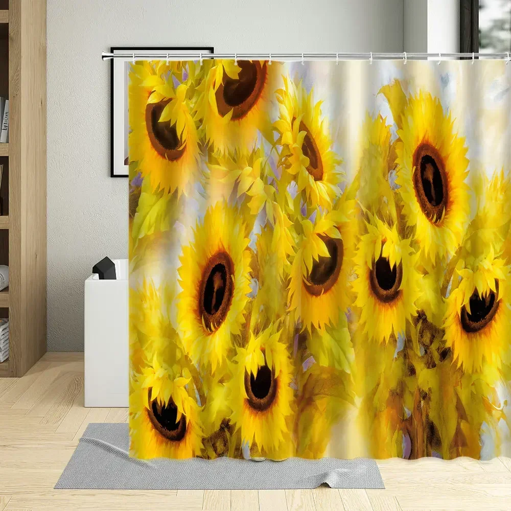 Beautiful Bloom Of Colorful Sunflower Flowers Natural Landscape Pattern Waterproof Home Use Shower curtain Polyester With Hook