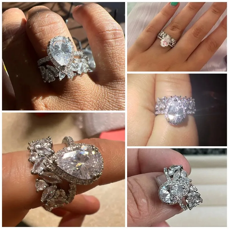 Women's 2Pcs/Set Teardrop CZ Rings, Dazzling Gift