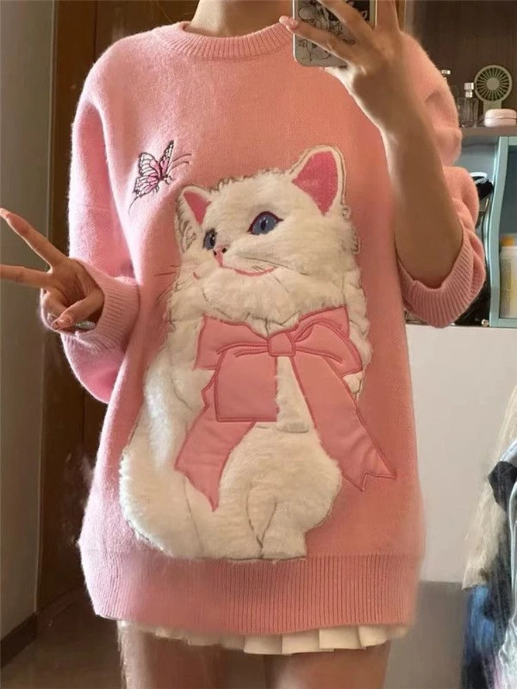 Japanese Kawaii Cute Cat Design Women Sweaters Fashion All Match Y2k Aesthetic Pullovers Sweet Loose Casual Preppy Sueter Mujer