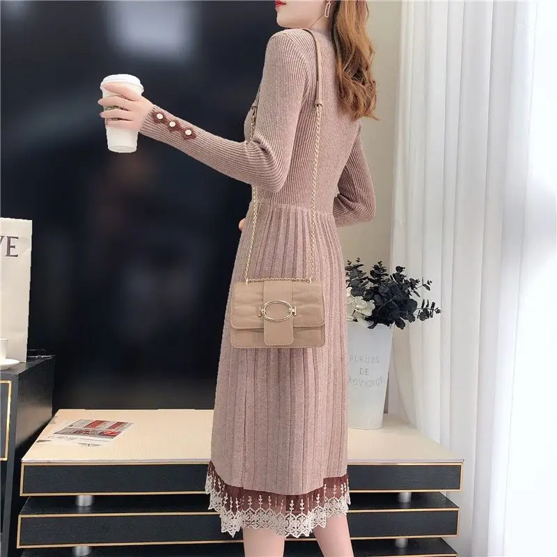 Elegant Stand Collar Spliced Bandage Lace Midi Dress Women\'s Clothing Autumn Winter Loose Knitted All-match Ladies Dresses