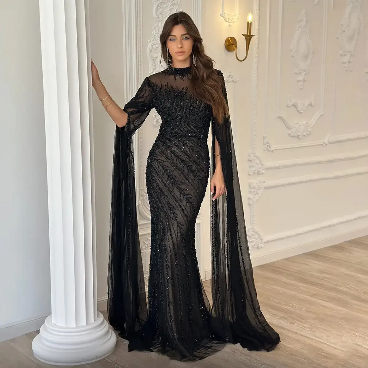 

Arabia Luxury Black Beaded Mermaid Evening Dresses High-Neck Sheer Cape-Sleeve Gown For Gala & Prom Party Dresses