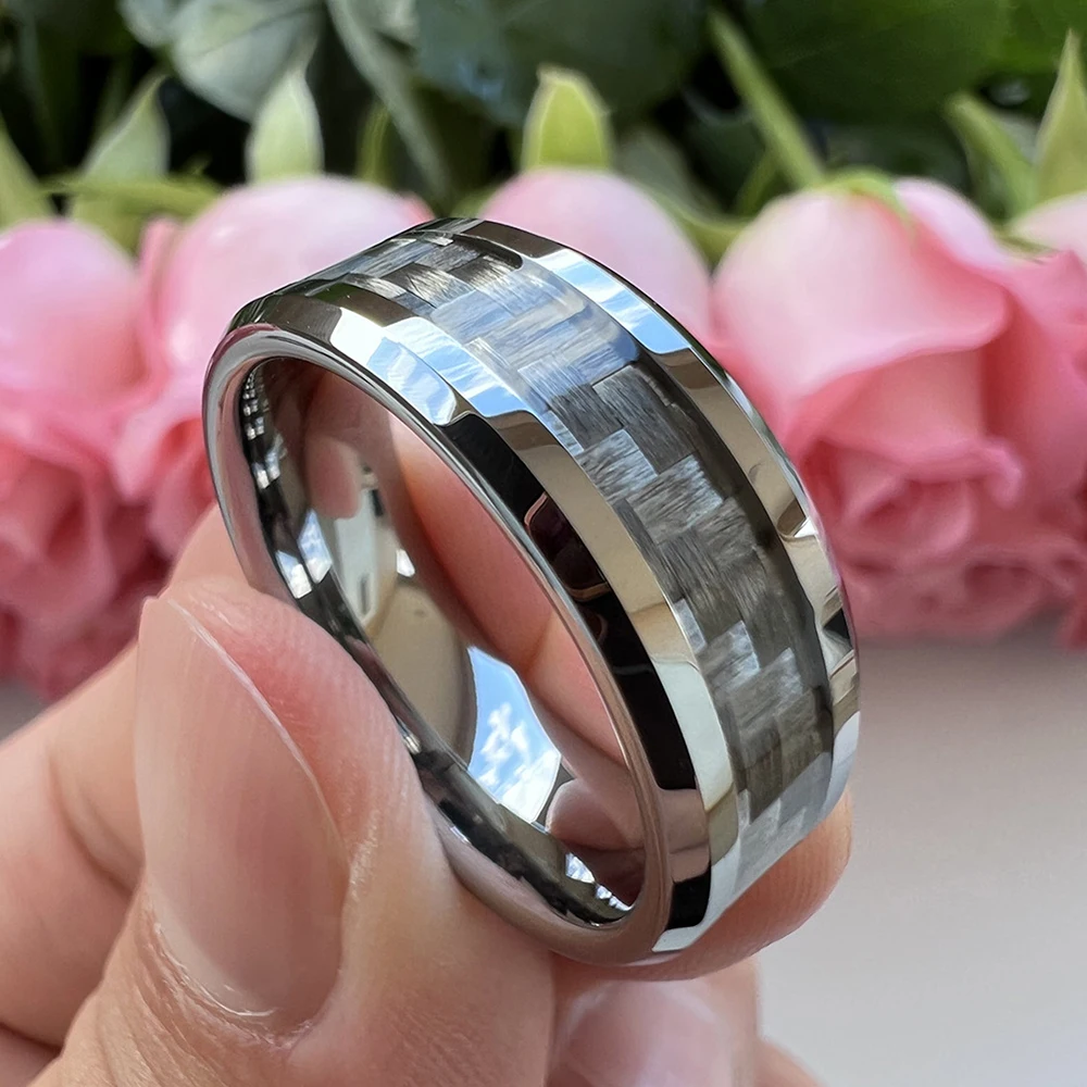 Black Carbon Fiber Jewelry 8mm Tungsten Steel Carbide Ring Mens Wedding Band New US Size 7-10