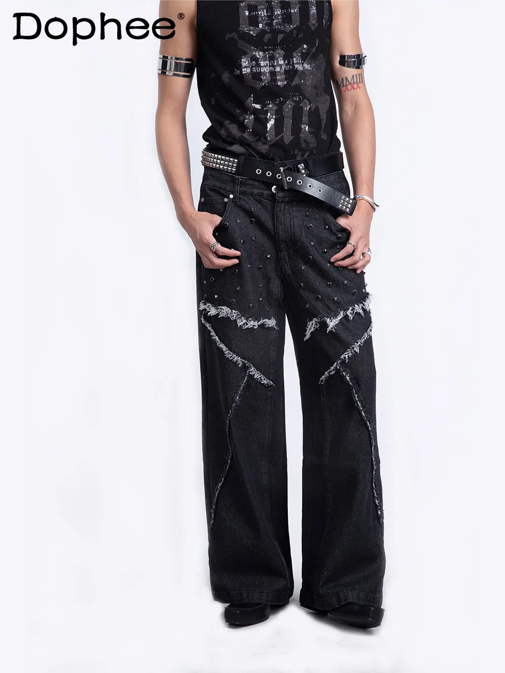

2026 New Men's Jeans American High Street Fashion Trend Metal Rivet Design Loose Casual Men's Long Pants