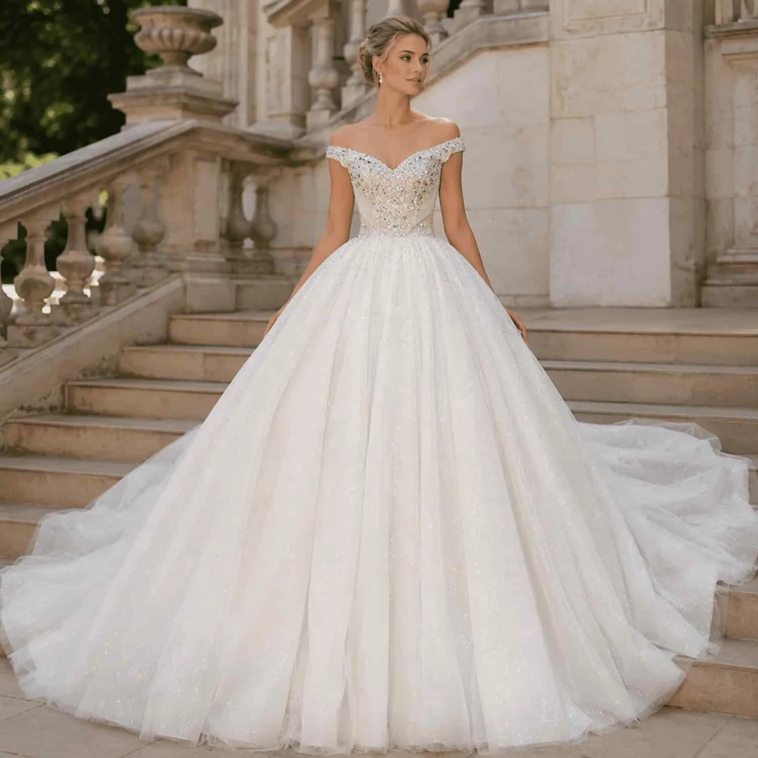 Princess Wedding Dress Square Collar Long Sleeve Pure Customized Beading Formal Formal Luxury Bride Gown vestidos de novia boda