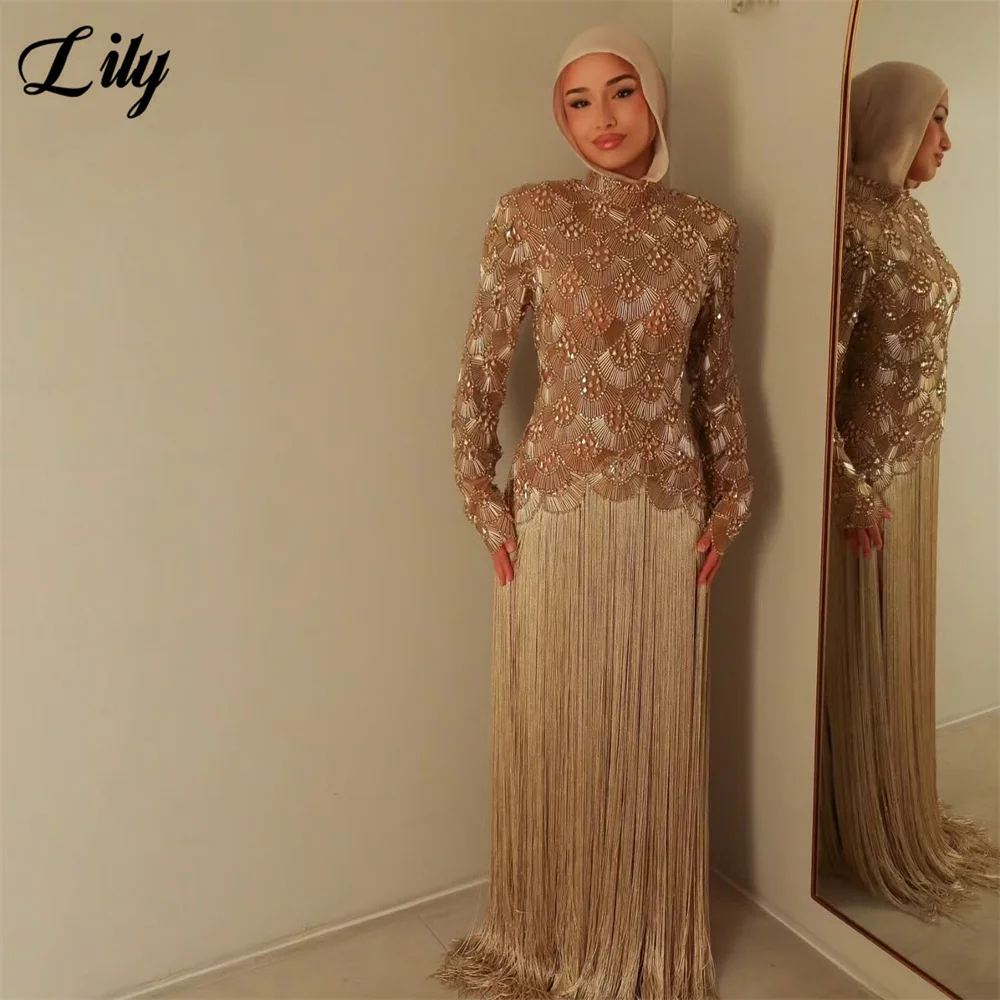 Lily Gold Party Dress Fringe Mermaid Evening Dress Fan Pattern Hand Beaded فساتين السهرة Long Sleeve Gala Dresses Customizedl