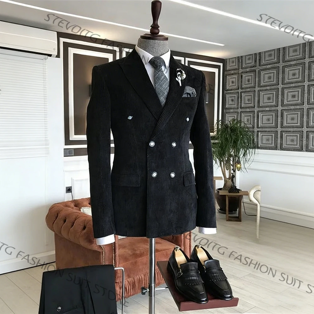 Black Corduroy Double Breasted Men's Suits and Separates Formal 2 Pieces(Jacket+Pants) for Wedding & Business Parties