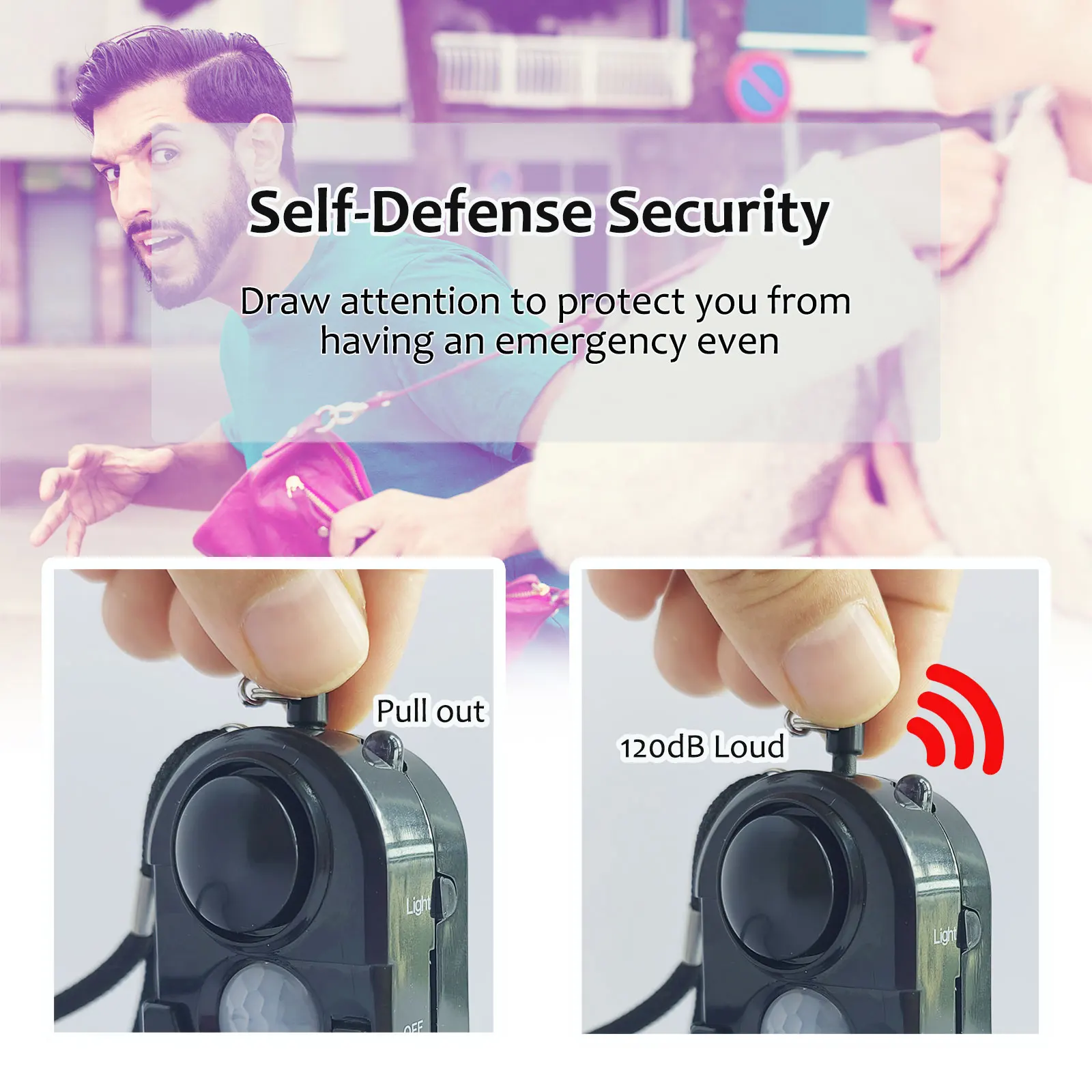 Portable Camping Alarm Self Defense Siren Mini Motion Detector Alarm  120DB Loud Security Device for Women Kids Travelling Alone