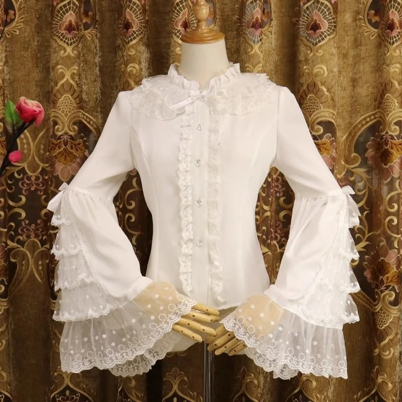 

Victorian Elegant Lolita Style Shirts Elegant Slim Lace Flare Long Sleeved Blouses Vintage Chic Patchwork Bow Chiffon Sweet Tops