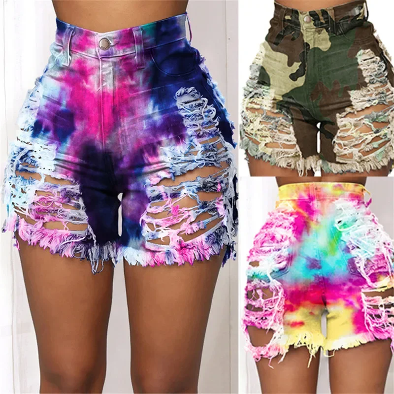 

New Arrival Women Summer Ripped Shorts Jeans Fashion Trendy Tie Dye Denim Shorts Street Hipster Shorts Oversize Clothing S-4XL