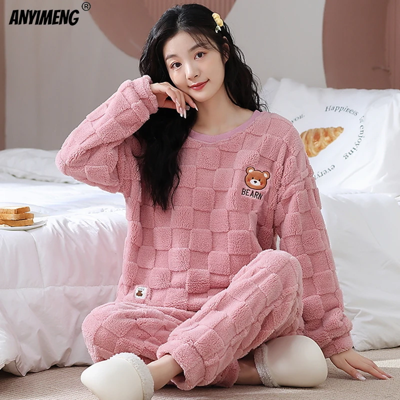 Winter M-5XL Women Jacquard Thermal Plus Size Pajamas Soft Plush Teddy Sleepwear for Girl Pullover Thick Pijama Casual Nightwear