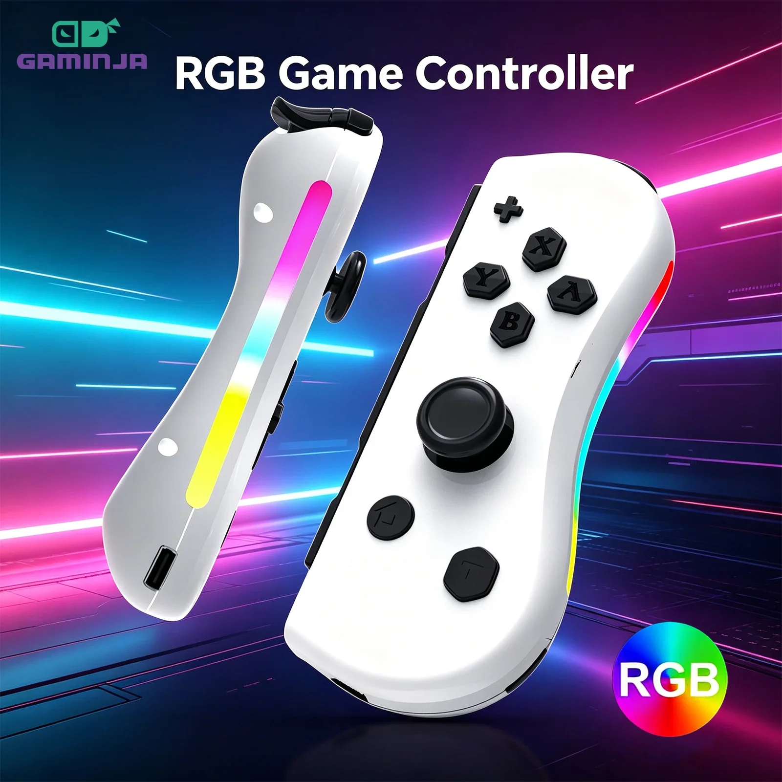 Manette sans fil GAMINJA NS008 pour console de jeu Nintendo Switch, avec lampe RGB, poignées L/R, fonction de réveil et capture d'écran