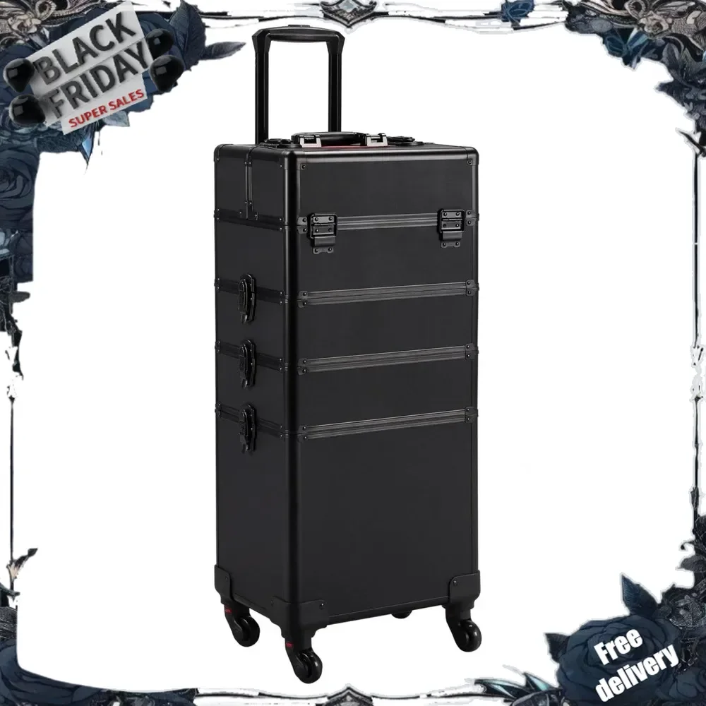 4 in 1 Professional Makeup Train Case Aluminum Cosmetic Case Rolling Makeup Case Extra Large Trolley Makeup Travel