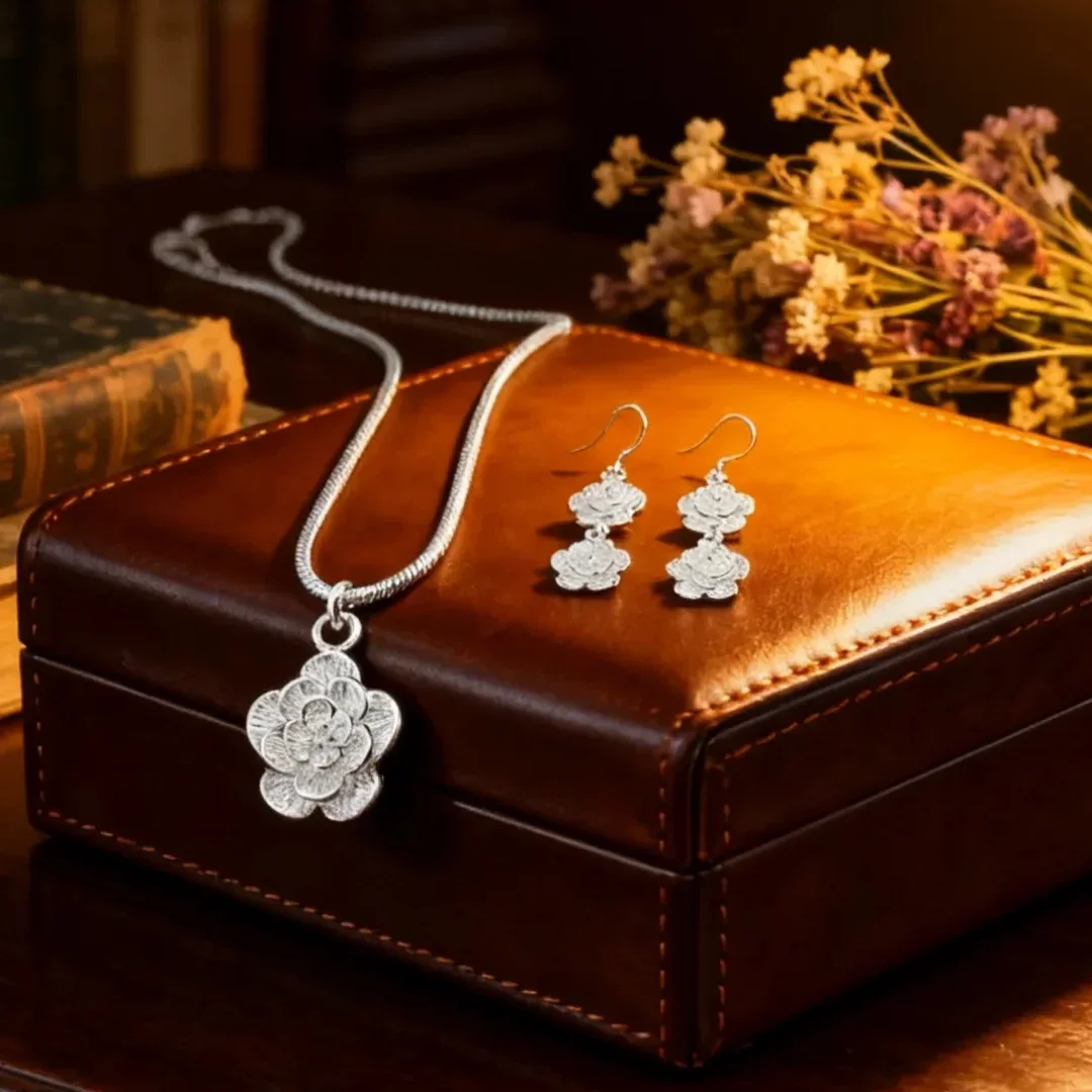 

New Original 925 Sterling Silver Elegant Rose Flower Necklace Earrings For Woman Fashion Jewelry Sets Wedding Party Holiday Gift