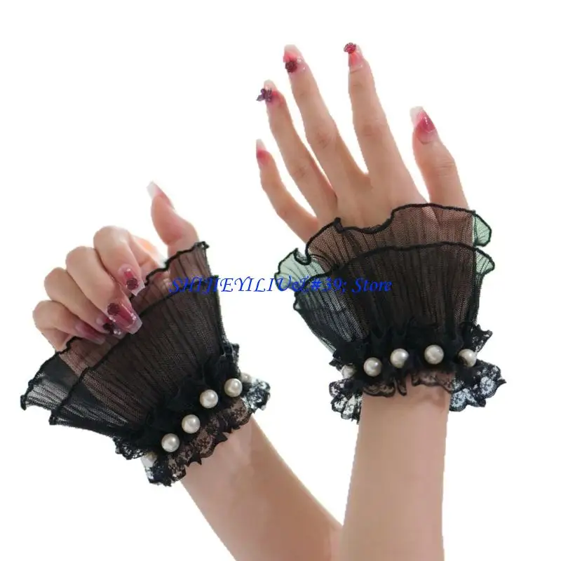 

E21F Decorative Hand Sleeves Ruffle Lace Cuff Covers Arm Sleeves With Lace Pearls Design For Photography Anime Theme Event