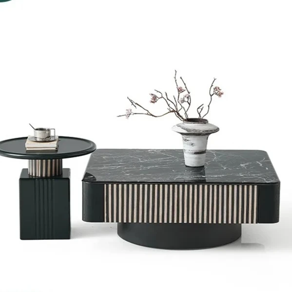 Italian Marble Coffee Table Set Mother and Child Square Side Tables for Living Room Light Luxury Vertical Pattern Metal