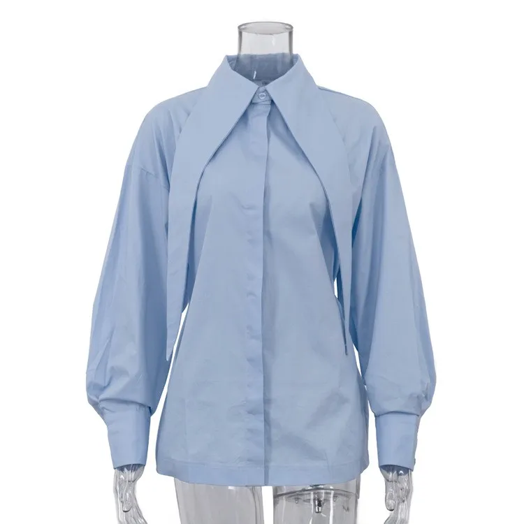Women Blouse Light Blue Mandarin Collar Blouses Stand Collar Detachable Tie Neck Button-Up Shirt Oversized Fit Long Sleeve Shirt