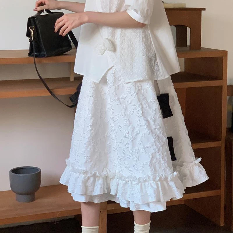 Mori Girl Style Cute Bow White Long Skirt 2024 Summer JK Lolita Kawaii Vintage Loose Aesthetics Ruffle Edge Hem Skirt for Women