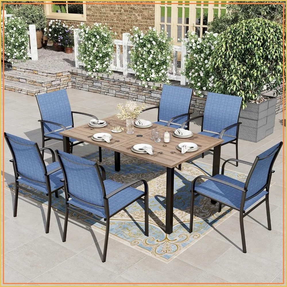 7PCS Patio Dining Set Rectangular Metal Table 6 Chairs Blue