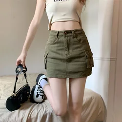 Summer Fashion Women Street Spicy Girl Denim Cargo Skirts Solid Button Pocket Versatile High Waist Anti-glare Mini A-line Skirt