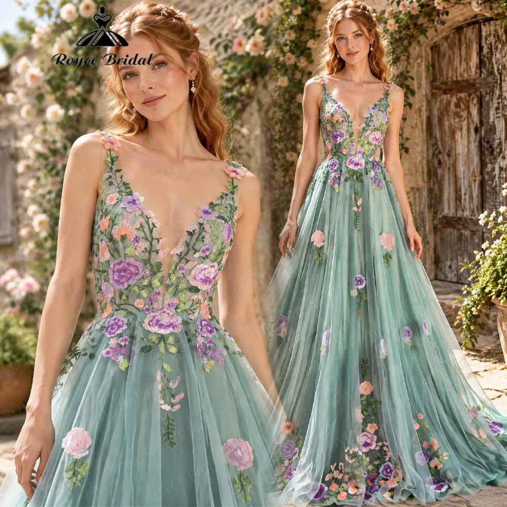 Roycebridal Appliques A Line Wedding Dresses 2027 Colorful Embroidery V Neck  Backless Bridal Gown Customized Vestido De Novia