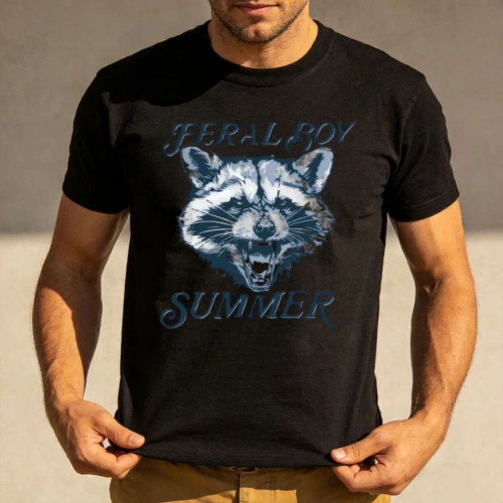 Feral Boy Summer Funny Raccoon Meme Trash Panda Raccoon T-Shirt Cool Raccoon Print Pattern Clothes Men Summer Short Sleeve Tees