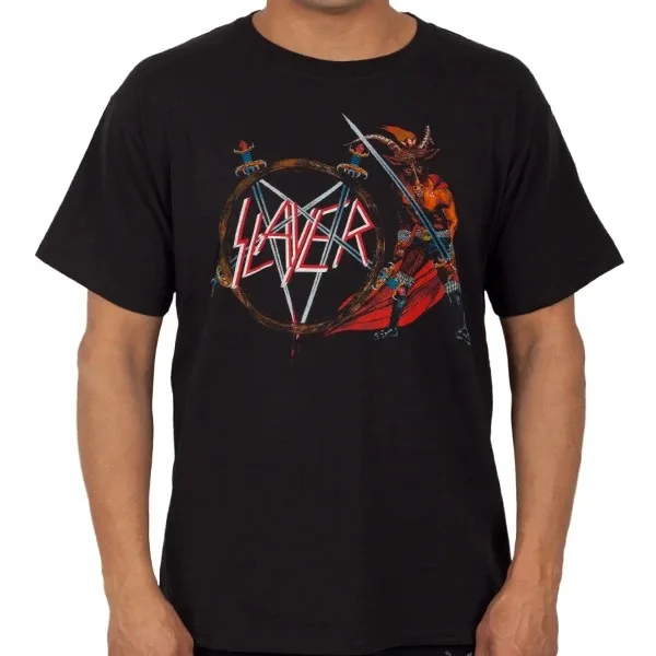 Slayer South of Heaven Retro Skull Artwork Print T‑Shirt, Displays Vintage Golden Band Logo Red Pentagram Badge Weathered