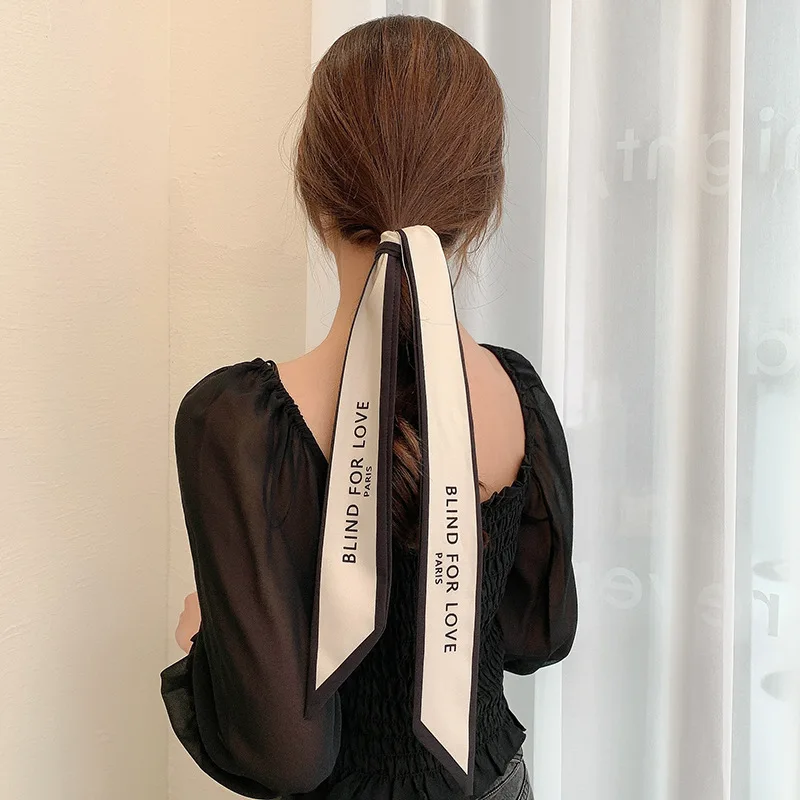 2023 New Fashion Silk Scarf Hair Band Long Ribbon Bow Korean Printing Letter Hair Scarf Women Ponytail Holder Hair Accessories