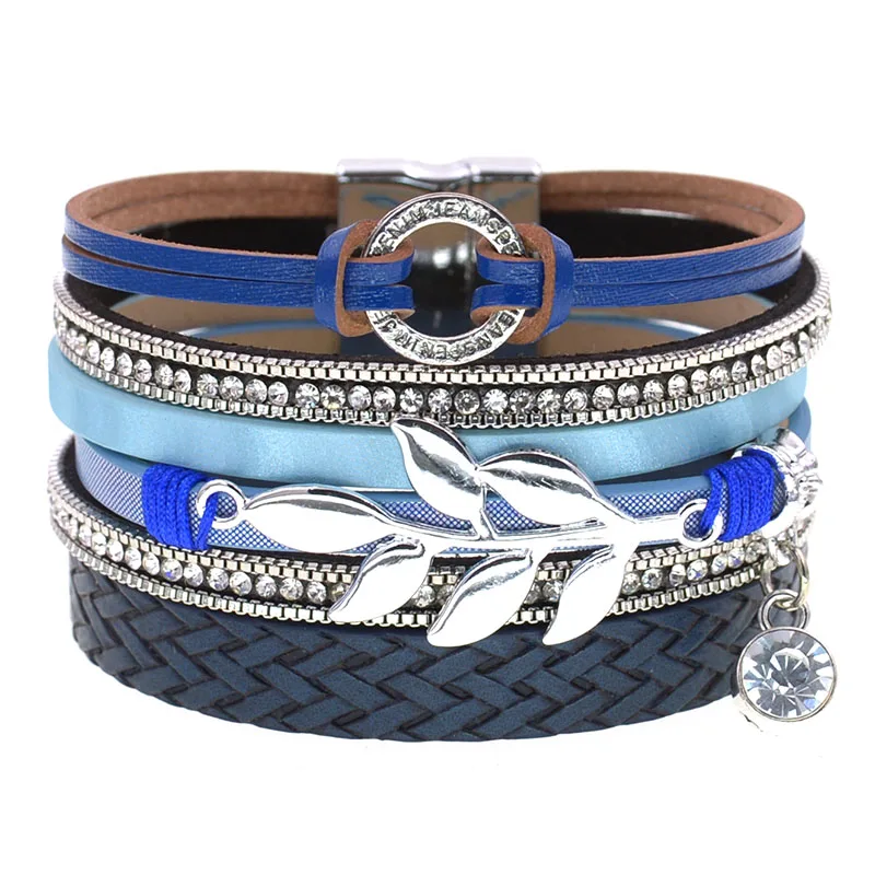 WELLMORE Bohemia leather bracelets 7 colors charm bracelets metal leaf magnet bracelets for women fashion jewelry wholesale