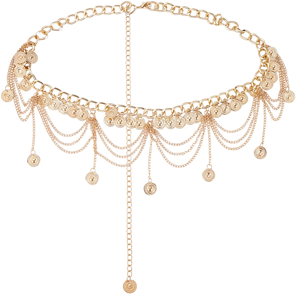 Iron Curb Chains Belt Flat Round Tassel Waist Belt Belly Dance Hip Scarfs Light Gold 29 inch(73.5cm)