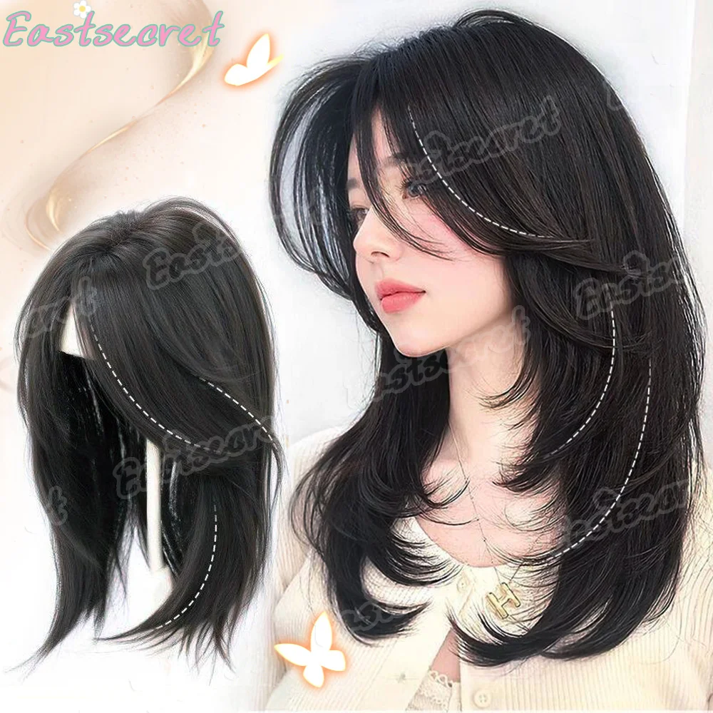 EAST Synthetic Long Straight Layered Hair Wig Clip in Hair Extensions Natural Fluffy Head Top Fake Hair Piece with Bang Clip
