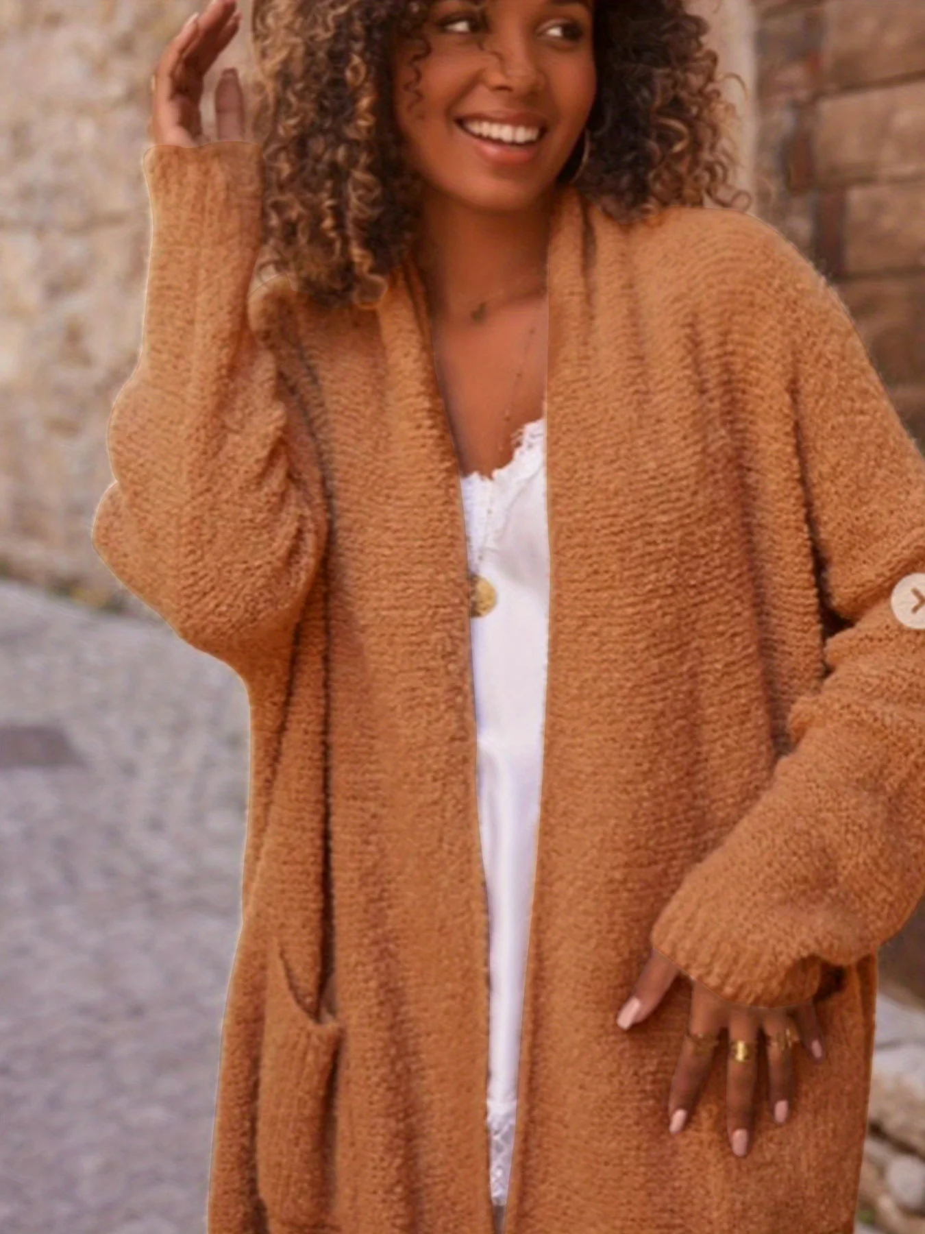 

Plus size women's cardigan, vintage casual soft warm sweater coat with pockets, long sleeve, no button, off shoulder, versatile