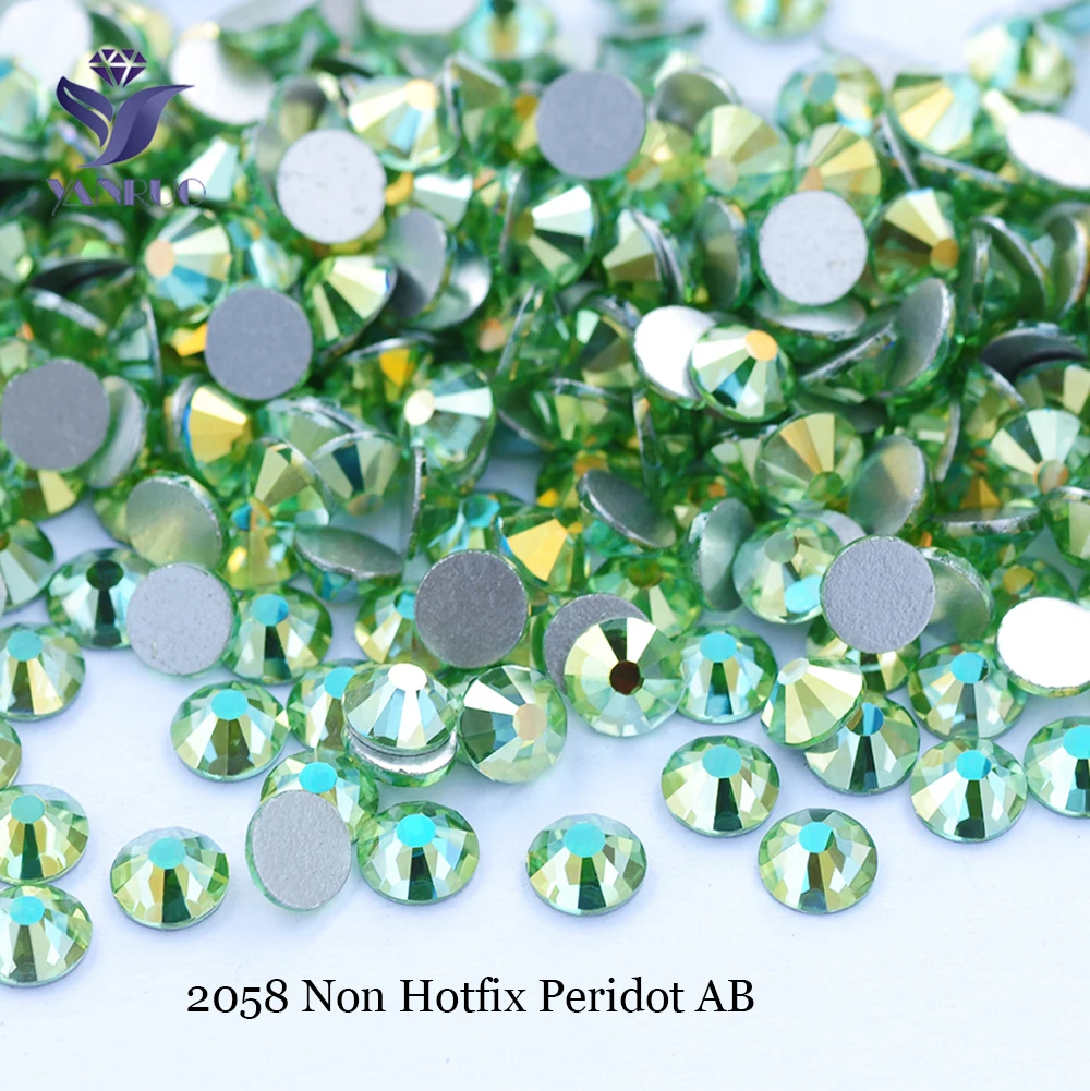 YANRUO 2058NoHF Peridot AB Adhesive Glass Non Hot Fix Rhinestones Wedding Dress Flat back Glass Rhinestone Green Stones