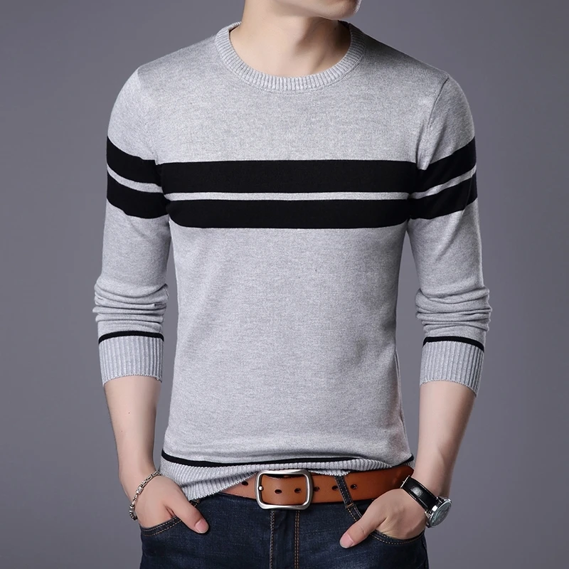 2023 Autumn Winter New Men's Round Neck Thin Sweater Screw Thread Color Block Stripe Korean Fashion Korean Long Sleeved Knit Top