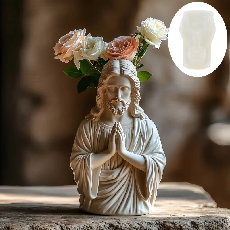Molde de silicone para resina de vaso em forma de Jesus, presente de Páscoa, molde de cimento para vaso com estátua de Jesus, molde de gesso para vaso com escultura de Jesus