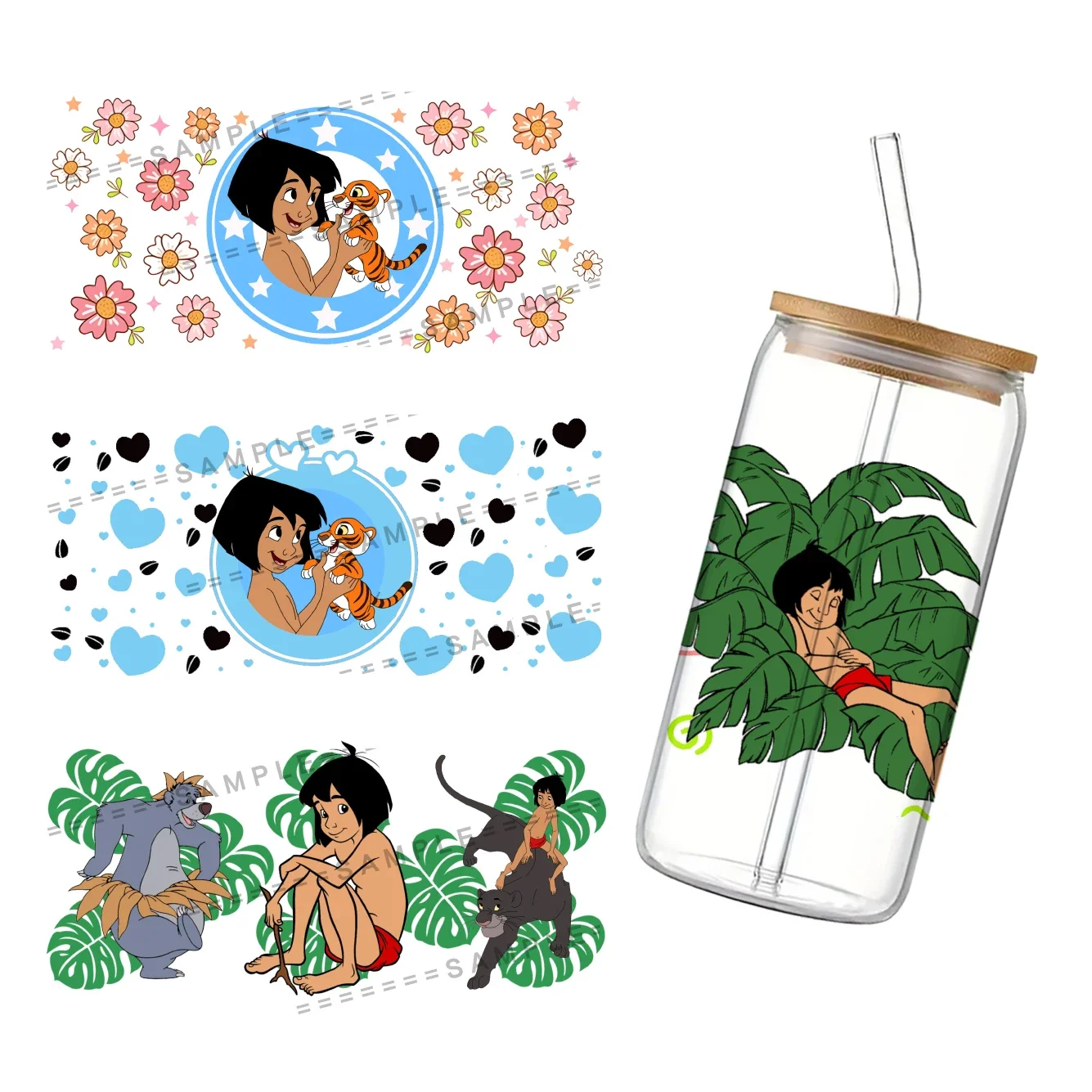 Disney The Jungle Book 3D Waterproof UV DTF Cup Wrap for 16Oz Libbey Glass Can DIY Transfer Sticker