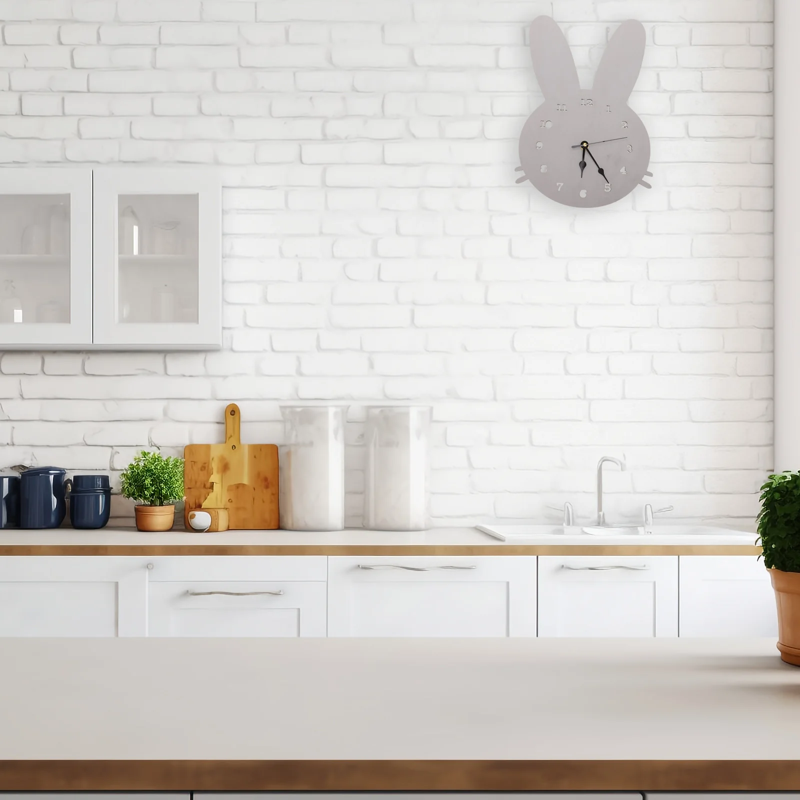 

1Pcs Cartoon Rabbit Decorative Wall Clock Wooden Grey Hanging Clock Creative Design Household Living Room Wall Hanging Decor