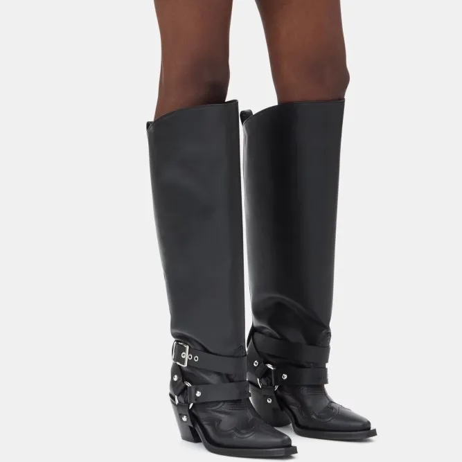 Women's Black Leather Knee High Cowboy Boots Buckle Strap Detail Pointed Toe Block Heel Western Style Fashion Boots Party