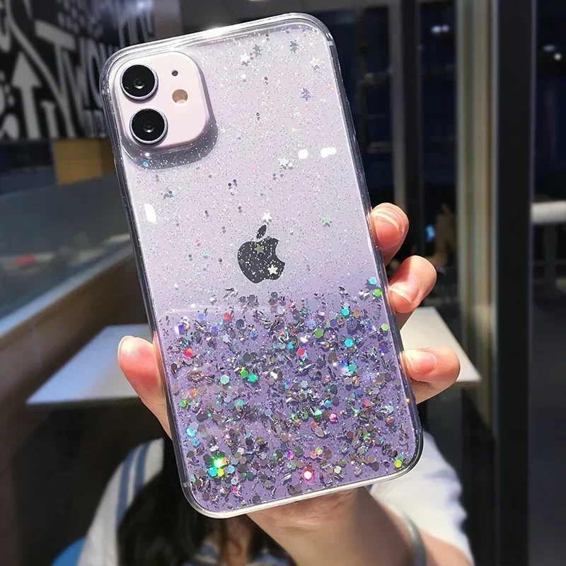 Clear Glitter Phone Case For iPhone 16 14 15 13 12 Pro 11 Pro Max XS Max XR X Mini SE 2020 Cute Gradient Sequins Cover