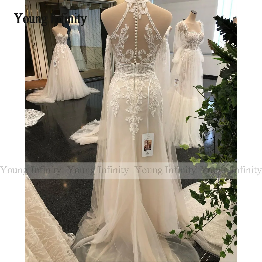 Neue Ankunft Halter Strand Hochzeit Kleid Abnehmbaren Ärmeln Spitze Applique Perlen Taste Zurück Brautkleid 2023 Frau Formale