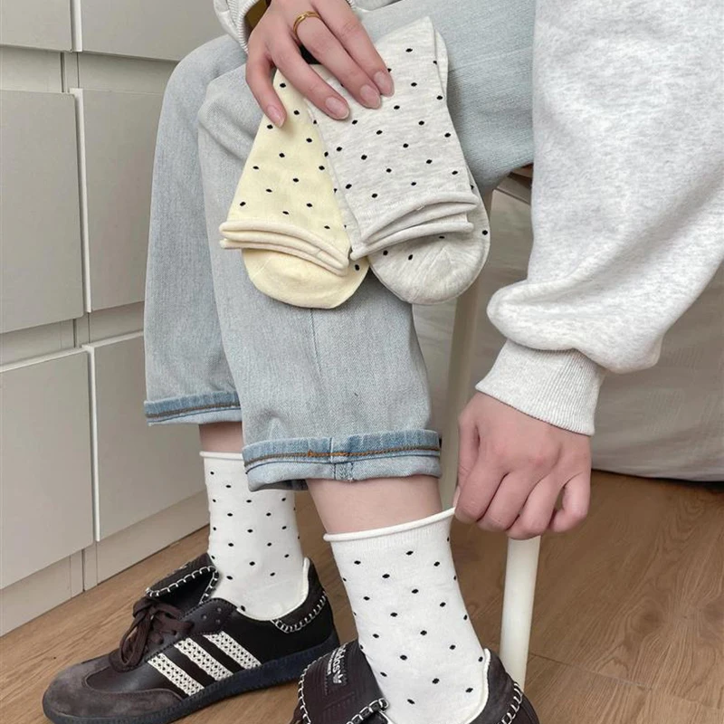 5/10 Paar Damen-Socken mit gerolltem Rand, gepunktet, mittlere Röhre, Frühling und Sommer, schweißabsorbierend, atmungsaktiv, süß, einfacher Stil, lässige Socken – Detail 6