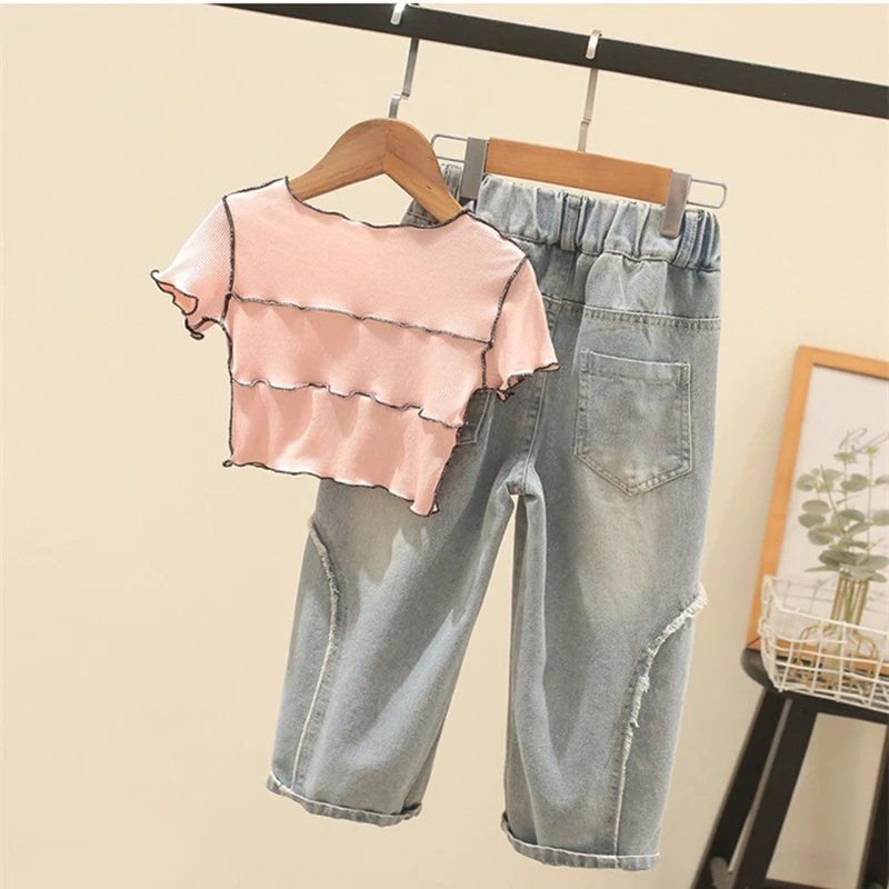 3-8 Years Summer Girls Clothing Set Cartoon Girl Pattern Short T-shirt Five Pointed Star Inlay Jeans 2Pcs Suit For Kids