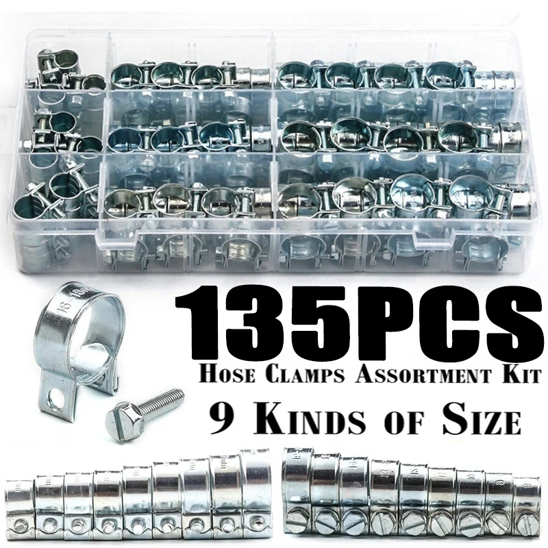 135/60Pcs Hose Clamp Double Ears Clamp 8-18mm Worm Drive Fuel Water Hose Pipe Clamps Clips Hose Fuel Clamps Assorted Kit