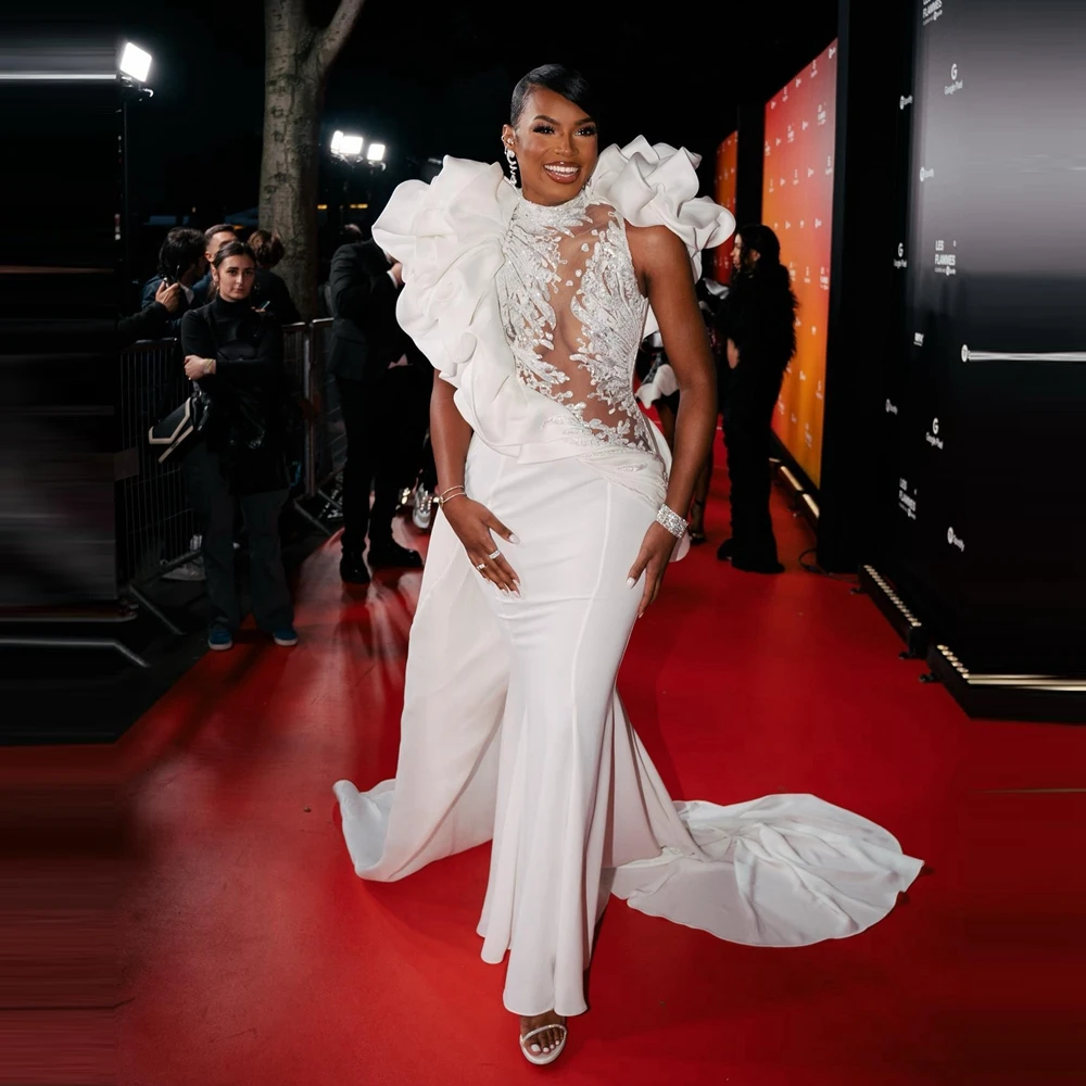 Chic Puffy ซาตินแอฟริกาชุดราตรี Plus ขนาดลูกไม้ Appliques Mermaid Prom Gowns Elegant Beaded Taffeta ยาวประกวดชุด