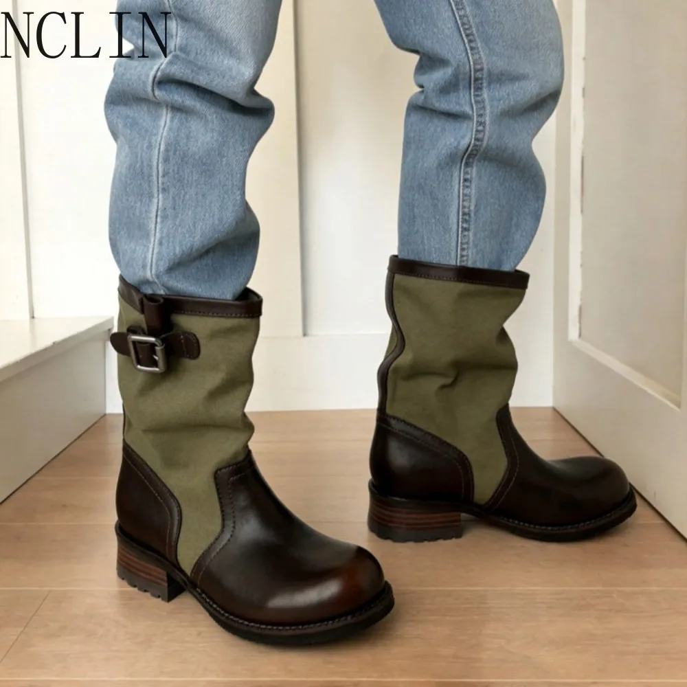 Autumn and Winter New Women's Boots Round Head Square Heel and Calf Boots Fashion Trend Patchwork Leather Boots