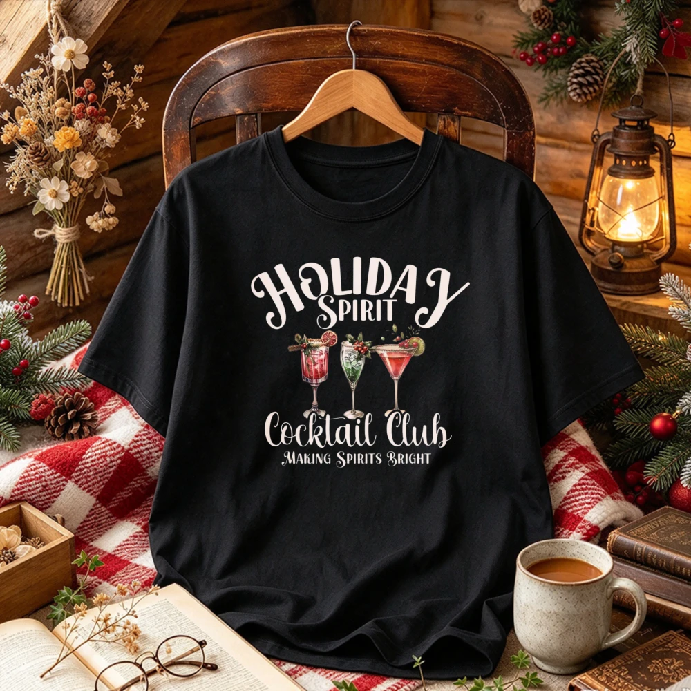 BUBU DUDU Holiday Spirit Cocktail Club Graphic T Shirt Christmas Cocktail Glass Holly Berry Print Xmas Party Casual Holiday Tees
