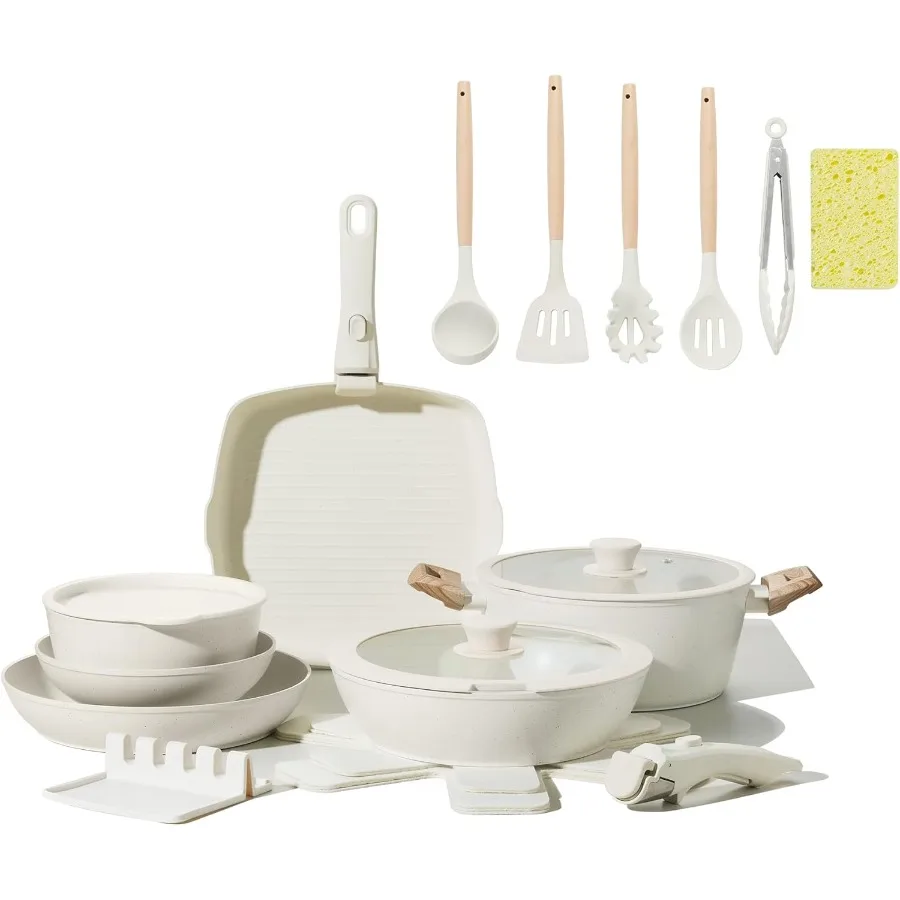 

23pcs Ceramic Pots and Pans Set with Nonstick Surface and Detachable Handles for Induction Cooking Includes Frying Pans and Sau