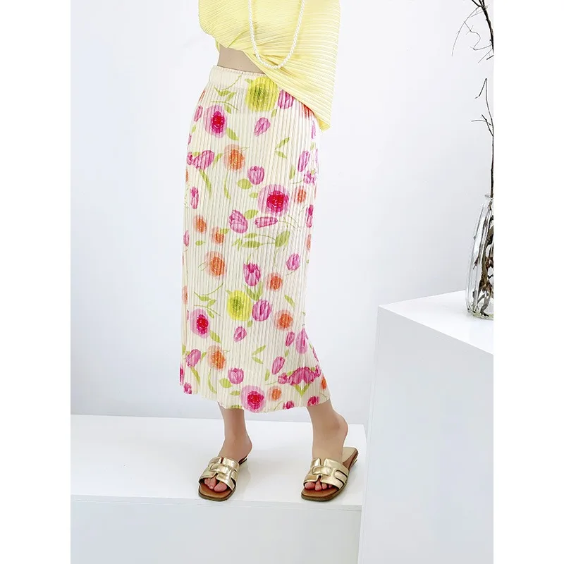 

Плиссированная полуюбка Miyake с цветочным принтом, 2024, повседневная баска, нежная пляжная женская юбка с карманами, легкая ткань из полиэстера