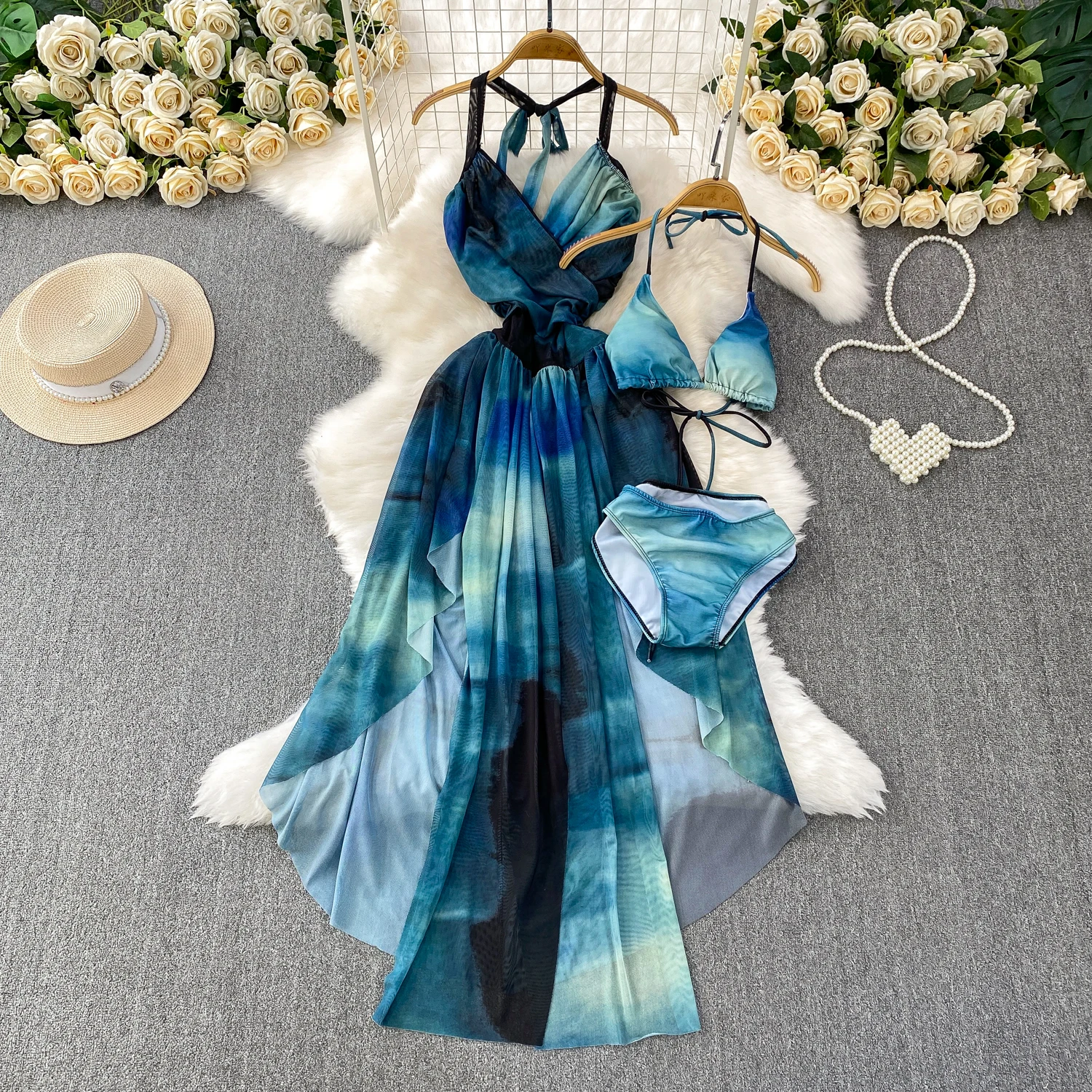 

Lady Tropical Tie Dye Bikini 3pc Set Women Trendy Asymmetric Bra Panty Halter Dress Suit Female Hotsweet Pool Party Hot Swimwear