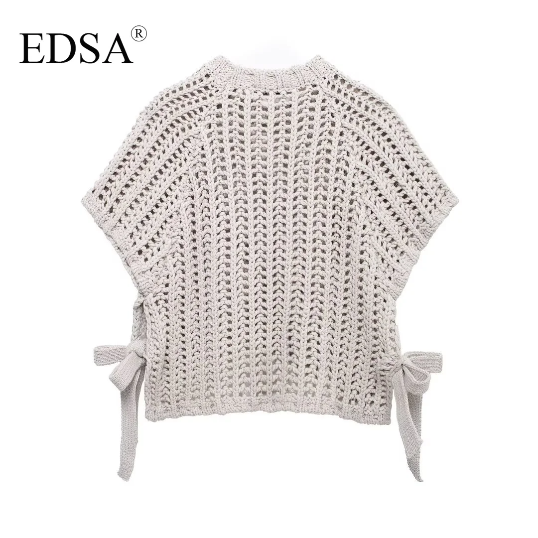 EDSA Women Chunky Knit Top with Side Straps O-Neck Short Sleeves Hollow Out Cropped Sweater Pullover for Casual Female